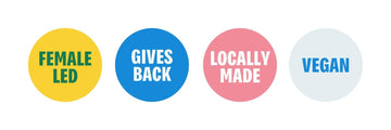Four badges that say; 'Female-led', 'Gives back', 'Locally made', and 'Vegan'