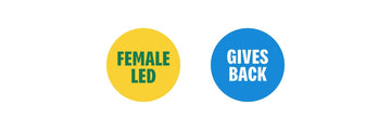 Two badges that say; 'Female-led' and 'Gives back'