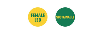 Two circle badges that say; 'Female-led' and 'Sustainable'