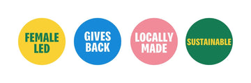 Four circle badges that say; 'Female-led', 'Gives back', 'Locally made', and 'Sustainable'