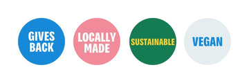 Four circle badges that say; 'Gives back', 'Locally made', 'Sustainable', and 'Vegan'