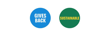 Two circle badges that say; 'Gives back' and 'Sustainable'