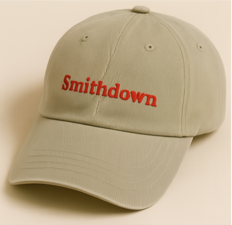 Beige cap with 'Smithdown' embroidered in red on a beige background