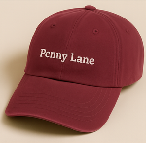 Maroon cap with 'Penny Lane' text on a beige background