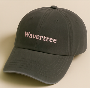 Dark gray cap with 'Wavertree' text on a beige background
